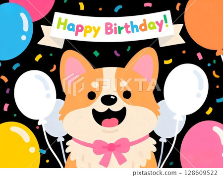 生日快樂！可愛的柯基犬用絲帶慶祝生日（AI 生成） 128609522