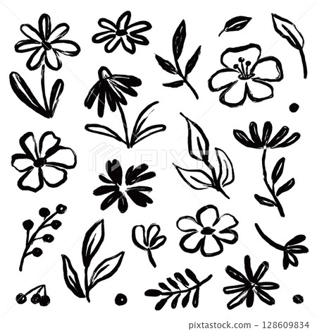 Flower brush paint stroke set. Hand drawn floral flower, leaf graffiti elements in brush paint silhouette set. Vector black ink stroke doodle floral texture sketch spring pattern. Vector Flower brush paint stroke set. Hand drawn floral flower, leaf graffiti elements in brush paint silhouette set. Vector black ink stroke doodle floral texture sketch spring pattern. Vector 128609834