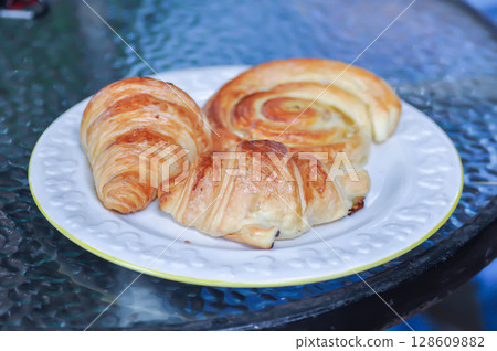 croissant ,French croissant or chocolate croissant or French bread and danish or danish pastry 128609882