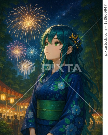 A woman in a yukata looking at fireworks 128609947