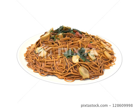 Fried noodles sold as takeaway at festival stalls, fairs, and event mobile vendors 128609998