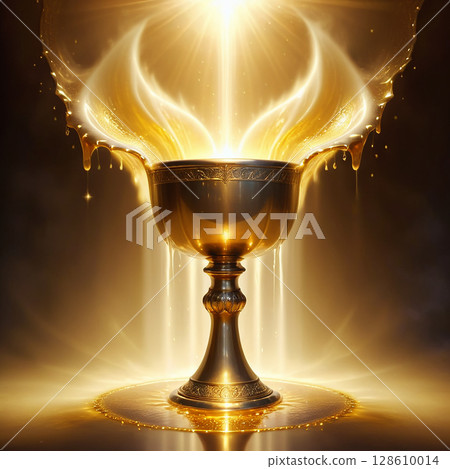 Golden chalice emitting radiant light with a shimmering glow and ethereal aura, set against a dark background creating a mystical and enchanting atmosphere. 128610014