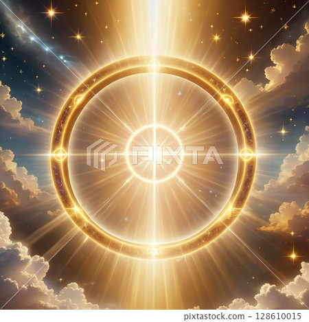 Shimmering golden light radiating from a central circular pattern against a backdrop of ethereal clouds and a starry night sky, creating a celestial and mystical atmosphere. Shimmering golden light radiating from a central circular pattern against a backdrop of ethereal clouds and a starry night sky, creating a celestial and mystical atmosphere. 128610015