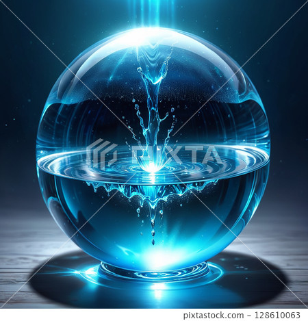 Glowing sphere of water with radiant splash and cascading droplets illuminated by ethereal blue light on a reflective surface. Glowing sphere of water with radiant splash and cascading droplets illuminated by ethereal blue light on a reflective surface. 128610063