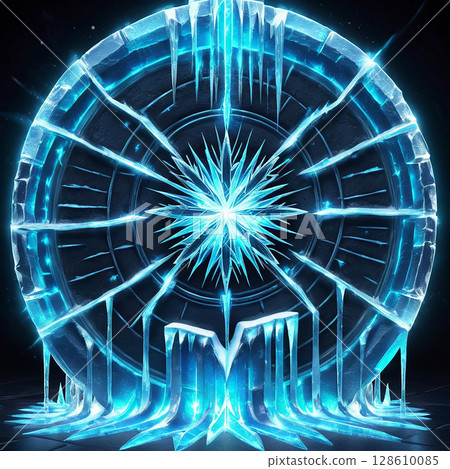 Radiant icy blue crystal design with intricate patterns and luminous effects against a dark background, creating a captivating and mystical atmosphere for visual exploration. 128610085