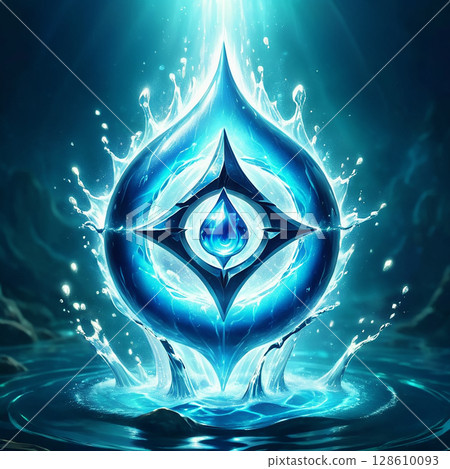 Gening blue water droplet suspended in mid-air, surrounded by splashes and light rays, creating a magical and ethereal atmosphere in a serene natural setting. 128610093