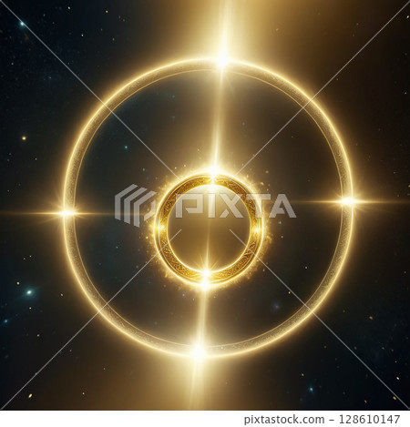 Golden cosmic ring surrounded by radiant stars in a celestial setting, illuminated by luminous energy, creating a mystical and ethereal atmosphere in the vastness of space. Golden cosmic ring surrounded by radiant stars in a celestial setting, illuminated by luminous energy, creating a mystical and ethereal atmosphere in the vastness of space. 128610147