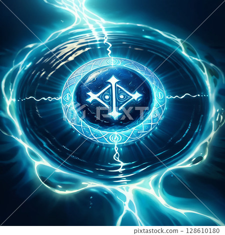 Mystical blue energy swirling in a circular pattern surrounded by ripples of water under a vibrant light illuminating the scene. 128610180