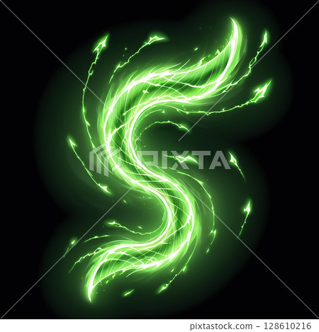 Glowing green swirling energy forming a dynamic abstract shape with a dark background and intricate light trails radiating outward in a mesmerizing manner. Glowing green swirling energy forming a dynamic abstract shape with a dark background and intricate light trails radiating outward in a mesmerizing manner. 128610216
