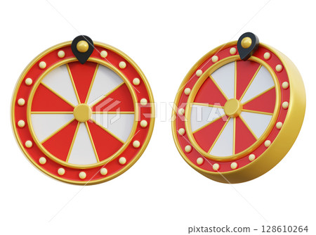 Cartoon Style Casino Game Prize Wheel with Red and White Segments 3D graphic 128610264