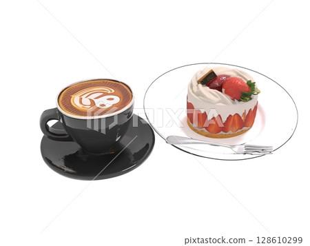 Small strawberry shortcakes and latte art that you see in cafes and coffee shops 128610299