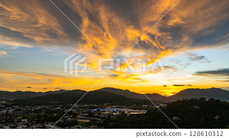 Aerial view of Sunset Over Mountain Town 128610312