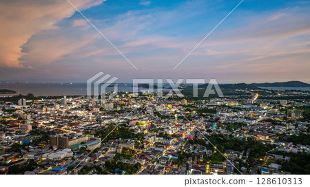 Aerial view of scenery Sunset Over Mountain Town 128610313