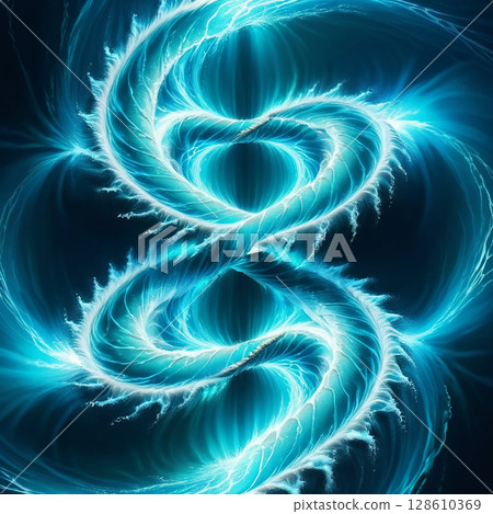 Luminous blue abstract form resembling an infinity symbol illuminated in a cosmic style with swirling patterns and bright accents creating a dynamic visual appeal. 128610369