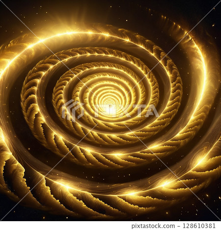 Golden spirals swirling in a cosmic expanse with a radiant glow, creating a mesmerizing visual effect that captivates the imagination and inspires wonder. 128610381