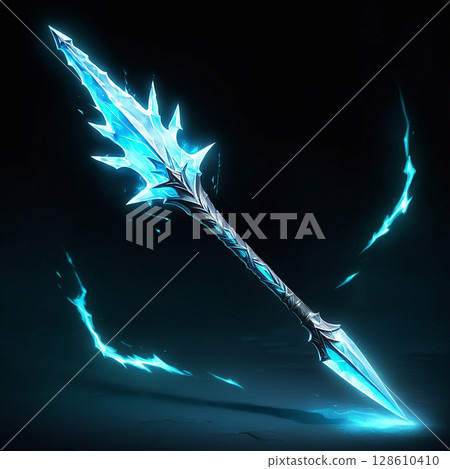 Glowing ice spear with intricate details and magical sparkles, surrounded by swirling blue energy and a dark background enhancing its mystical appearance. 128610410