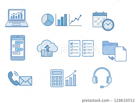 Watercolor icon set for business (graph, calendar, contact, document, headset) Watercolor icon set for business (graph, calendar, contact, document, headset) 128610552