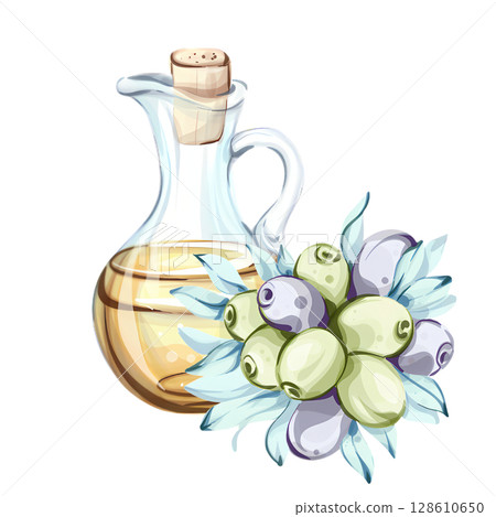Delightful olive oil and fresh olives captured in a vibrant watercolor illustration inspired by Italian cuisine Delightful olive oil and fresh olives captured in a vibrant watercolor illustration inspired by Italian cuisine 128610650