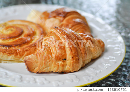croissant ,French croissant or chocolate croissant or French bread and danish or danish pastry 128610761