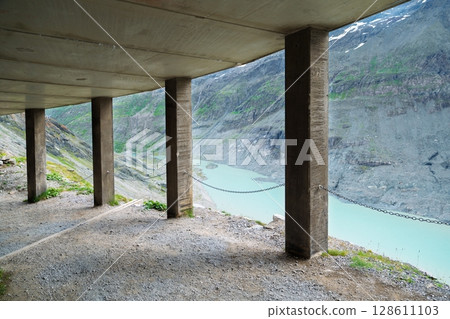 Scenic Overlook at Zell am See-Kaprun, Austria Concrete Columns Framing Mountain Lake View. Scenic Overlook at Zell am See-Kaprun, Austria Concrete Columns Framing Mountain Lake View. 128611103
