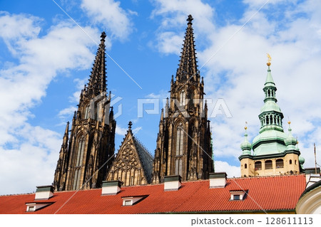 Spectacular Prague Architecture Towers and Rooftops against a Cloudy Sky, Czech Republic Spectacular Prague Architecture Towers and Rooftops against a Cloudy Sky, Czech Republic 128611113