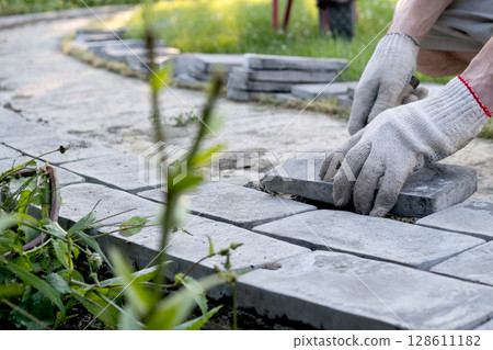 Laying paving stones on cement mortar. Laying a garden path made of tiles. Self-laying of concrete paving slabs in the courtyard of the house. do it yourself. DIY 128611182