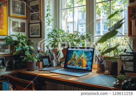 Creative Bright Workspace with Laptop and Plants Creative Bright Workspace with Laptop and Plants 128611258