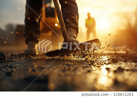 Construction Worker in Action at Sunset 128611261