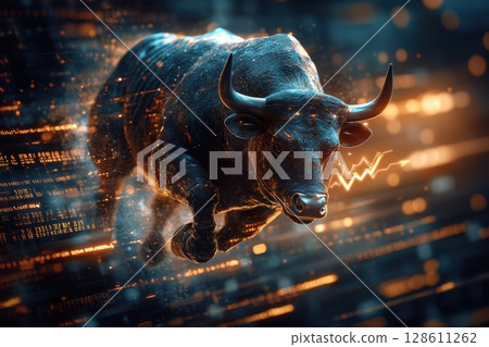 Dynamic Bull Leaping Against Dark Background Dynamic Bull Leaping Against Dark Background 128611262