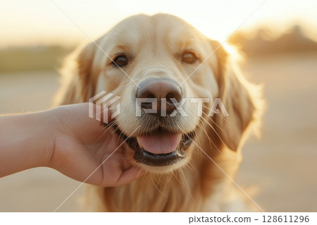 Gentle Golden Retriever with Paw Resting in Sunlight 128611296