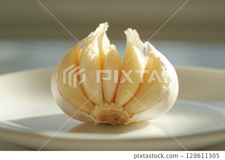 Single Clove of Garlic on Smooth Plate 128611305