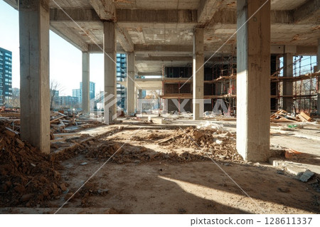 Abandoned Construction Site with Collapsed Foundation Abandoned Construction Site with Collapsed Foundation 128611337