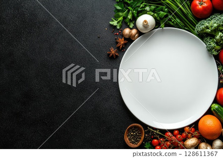 Fresh Ingredients for Cooking on Dark Background 128611367