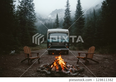Rugged Camper in Misty Snow-Covered Terrain 128611382
