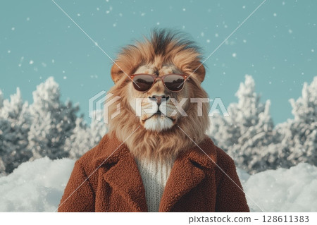 Stylish Lion with Sunglasses in Winter Landscape 128611383