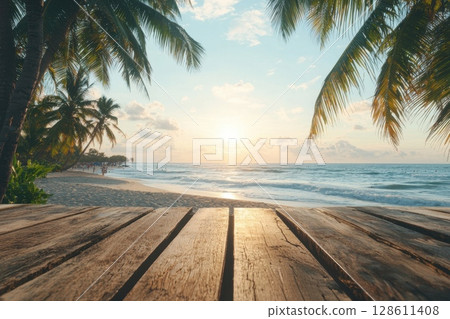 Rustic Wooden Table Against Vibrant Beach Sunset 128611408