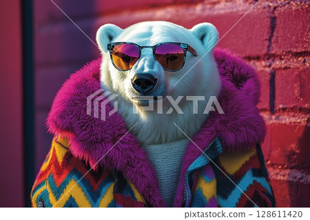 Polar Bear in Sunglasses with Colorful Gradient Background 128611420