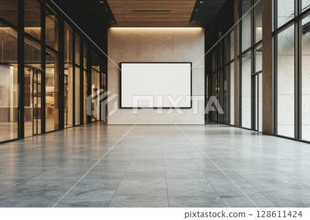 Large Empty Advertising Banner Mockup in Modern Shop 128611424
