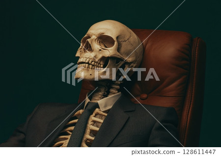 Skeleton in Business Suit Seated in Chair 128611447