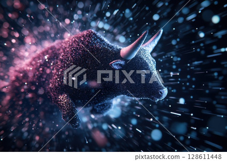 Dynamic Bull in Mid-Leap Against Vibrant Background Dynamic Bull in Mid-Leap Against Vibrant Background 128611448