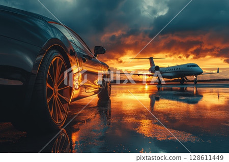 Luxury Car at Sunset with Jet Reflection 128611449