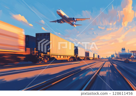 Container Train Under Airplane in Motion Container Train Under Airplane in Motion 128611456