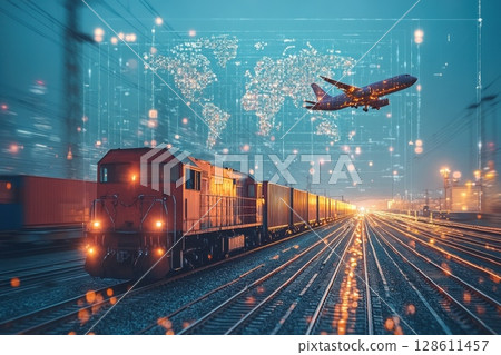 Freight Train with Airplane Overlays at Night 128611457