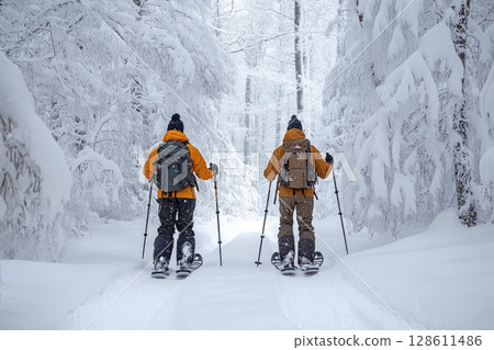 Friends Snowshoeing in Serene Winter Landscape 128611486