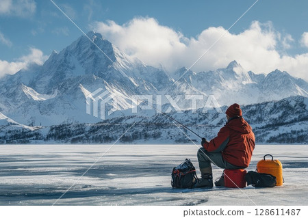 Man Ice Fishing on Frozen Lake in Mountain Landscape 128611487