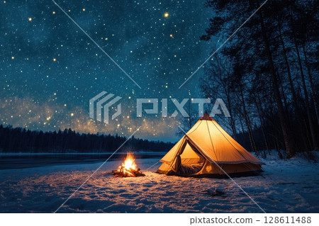 Warm Tent by Illuminated Campfire at Night 128611488