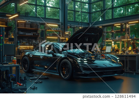 Modern Car with Open Hood in Workshop Setting 128611494