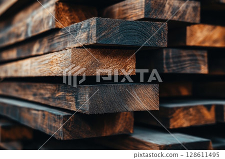 Close-Up View of Stacked Wooden Planks Close-Up View of Stacked Wooden Planks 128611495