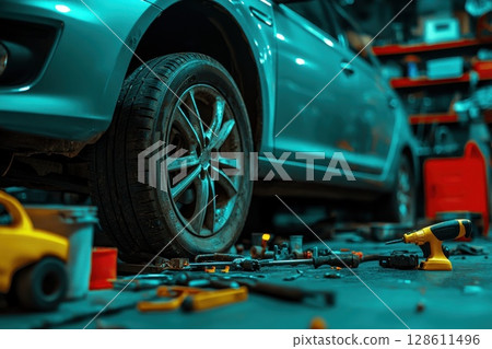 Car Tire Replacement Process in Workshop Setting 128611496