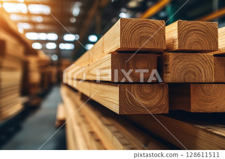 Close-Up of Stacked Wooden Planks in Factory Setting 128611511